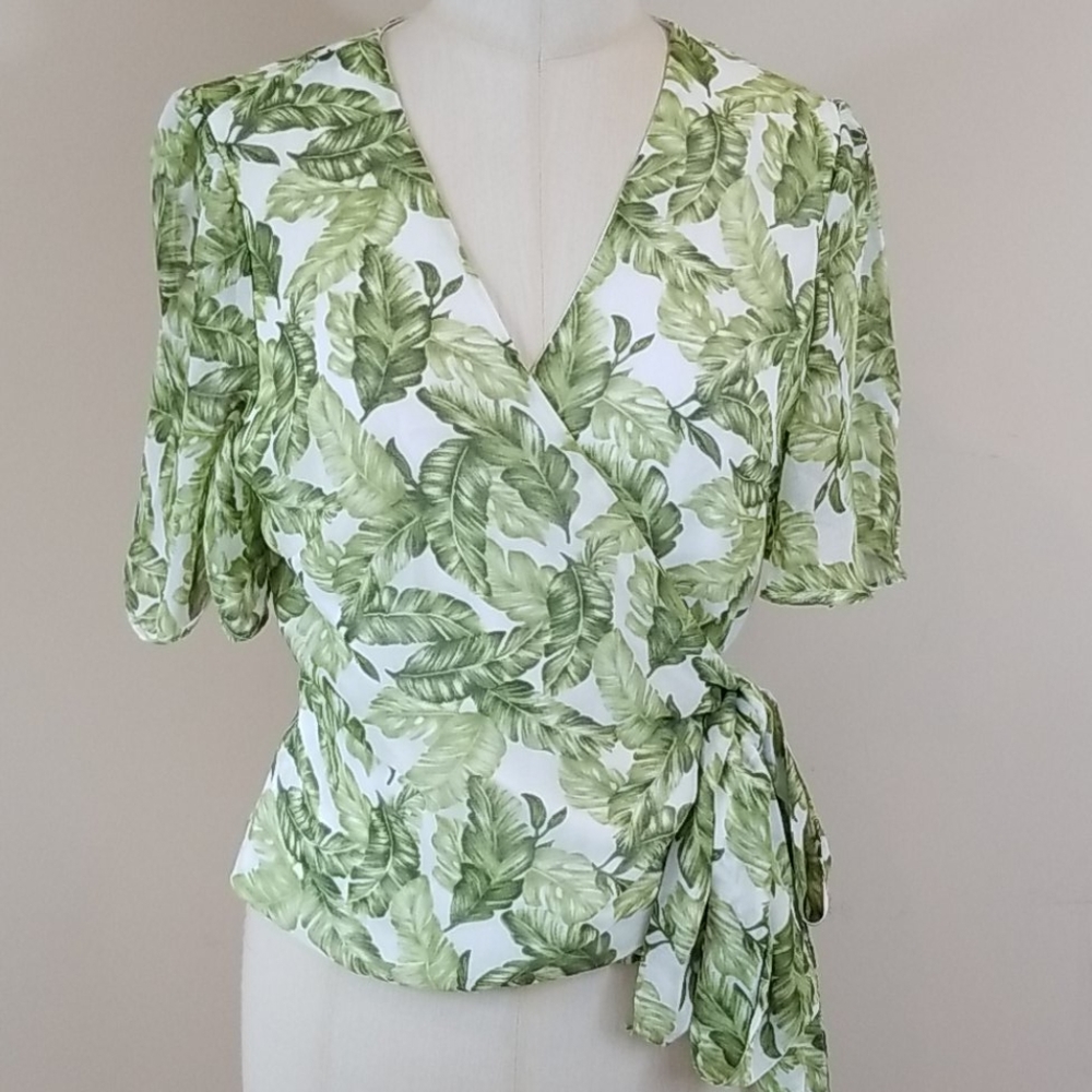 Miami palm leaf flutter sleeve wrap top